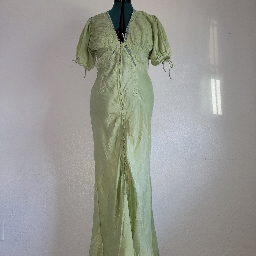 Urban Outfitters Womens Green Embroidered Satin Midi Dress Small Green Fairy Y2K